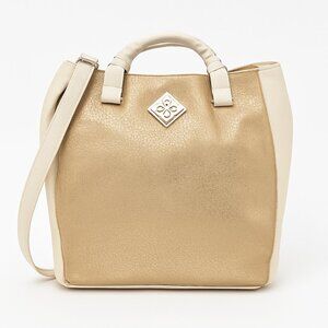 Vera Wang - Beige & Gold Faux Leather Tote Bag with Textured Metallic Front Pane